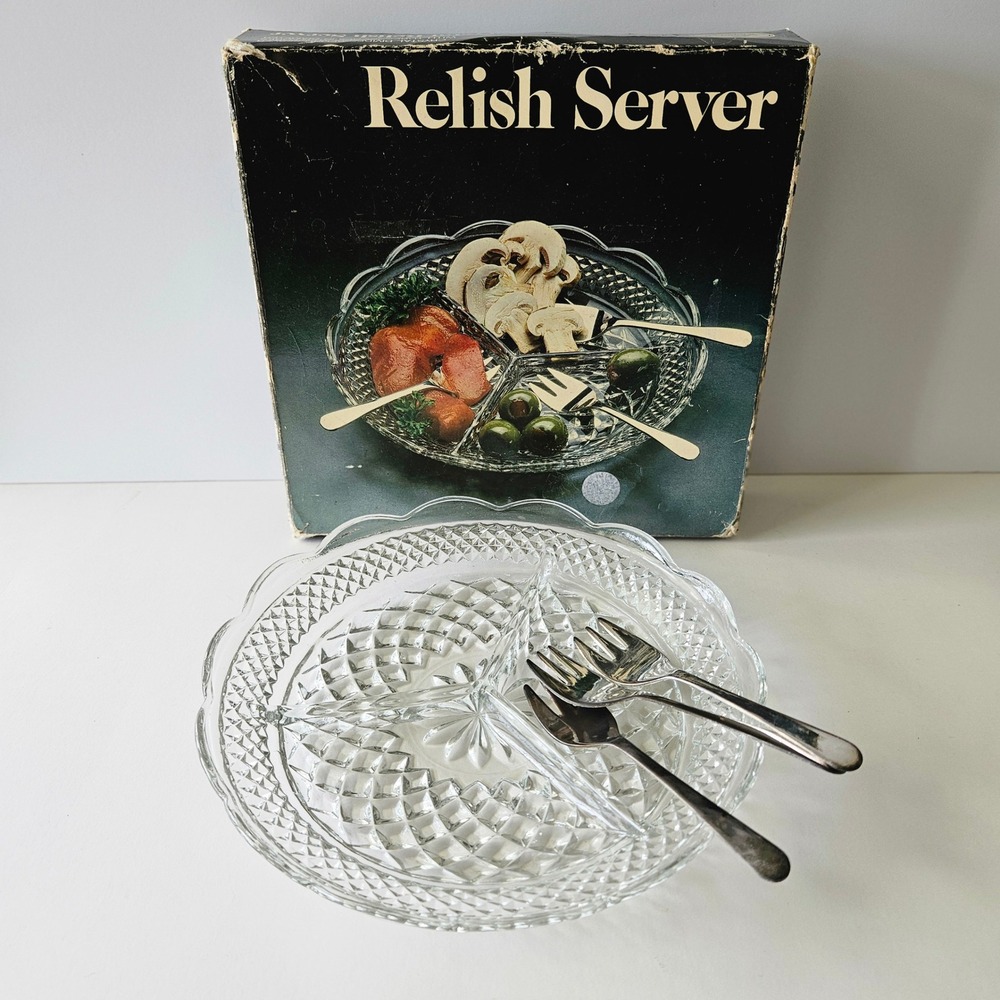 Leonard Silver Crystal Divided Relish Dish w Three Silver-Plated Forks and Box